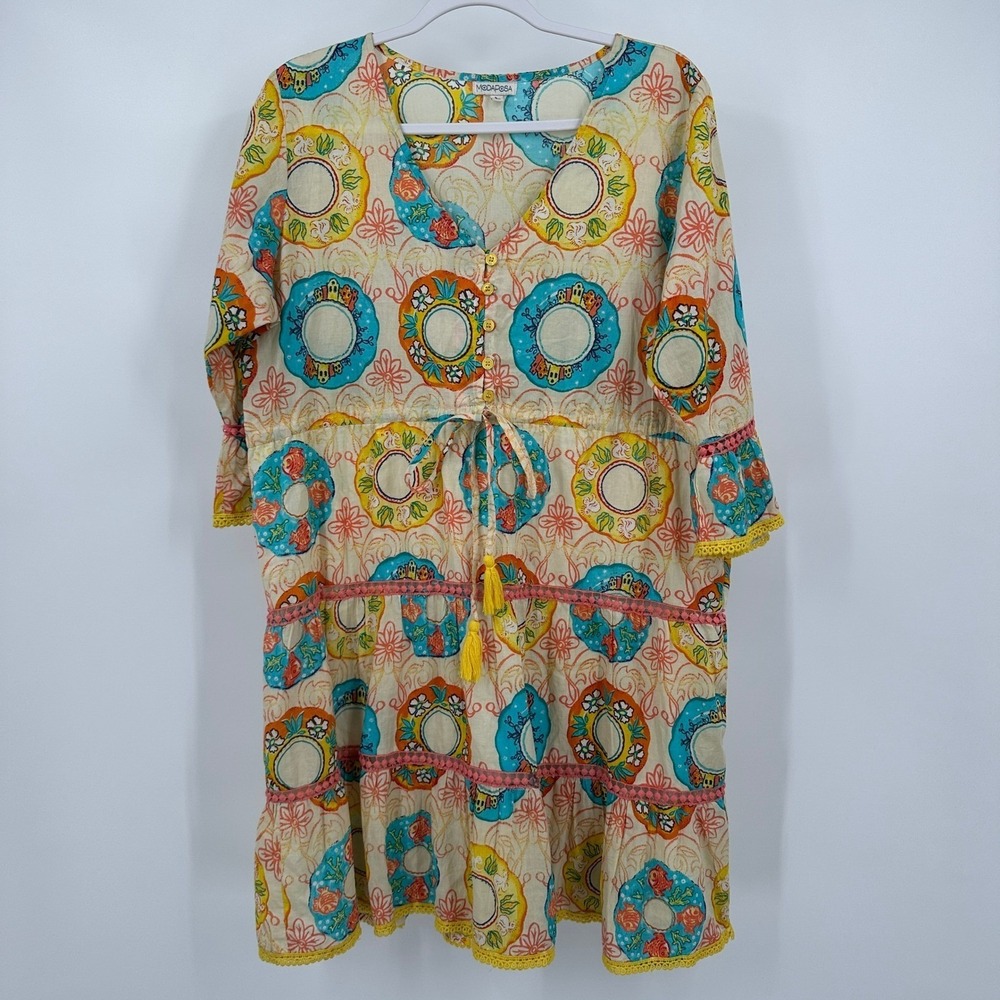 Womens Boho Colorful Floral Dress Size L Resort Beach Mediterranean Tile Print